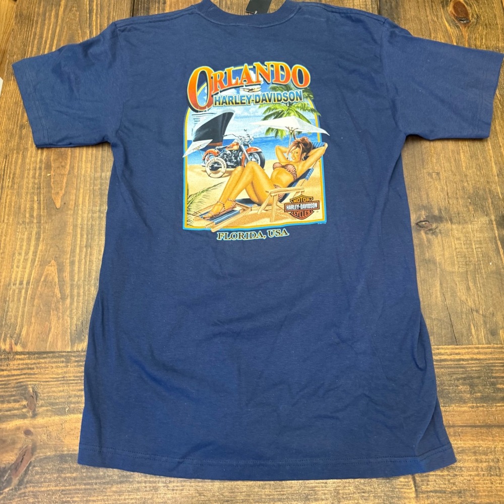Harley-Davidson Orlando Florida T-Shirt Mens Large Navy Blue 2008 Pinup Graphic - Picture 5 of 6